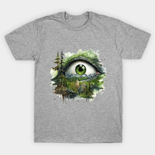 Green Creepy Eye in the Forest T-Shirt by tfortwo